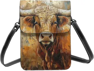 Longhorn Cow Rural Texas Pasture Western Rustic Crossbody Cell Phone Purse For Women Teen Girls Leather Small Crossbody Bag Mini Phone Pouch Purse, 7.5x5.3 Inches