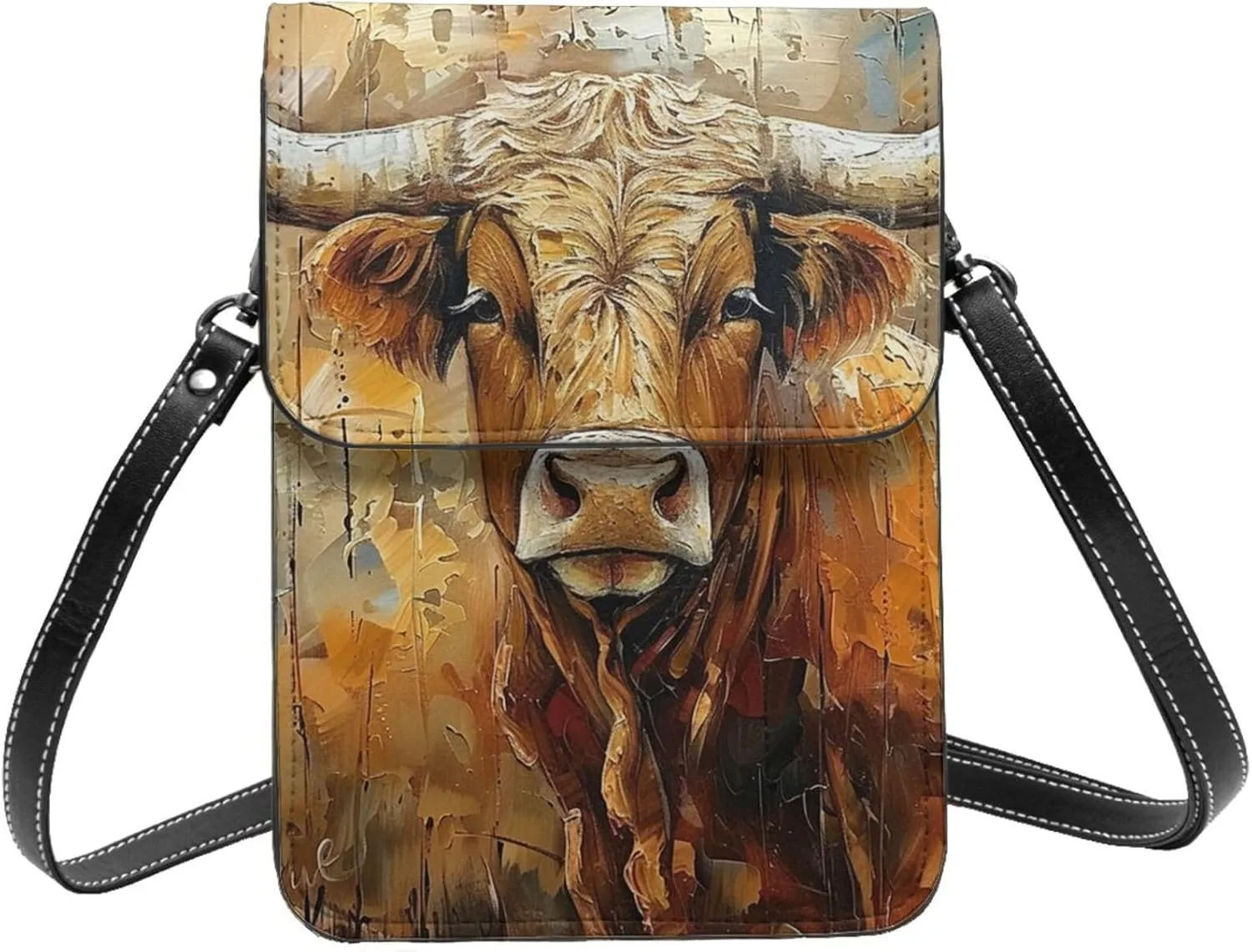 Longhorn Cow Rural Texas Pasture Western Rustic Crossbody Cell Phone Purse For Women Teen Girls Leather Small Crossbody Bag Mini Phone Pouch Purse, 7.5x5.3 Inches