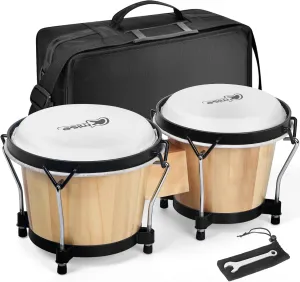 lotmusic Bongo Drums 6” and 7”, Wooden Percussion Instrument Bongos for Kids Adults Beginners,Hand Drum with Carry Bag and Tuning Wrench for Education and Practice