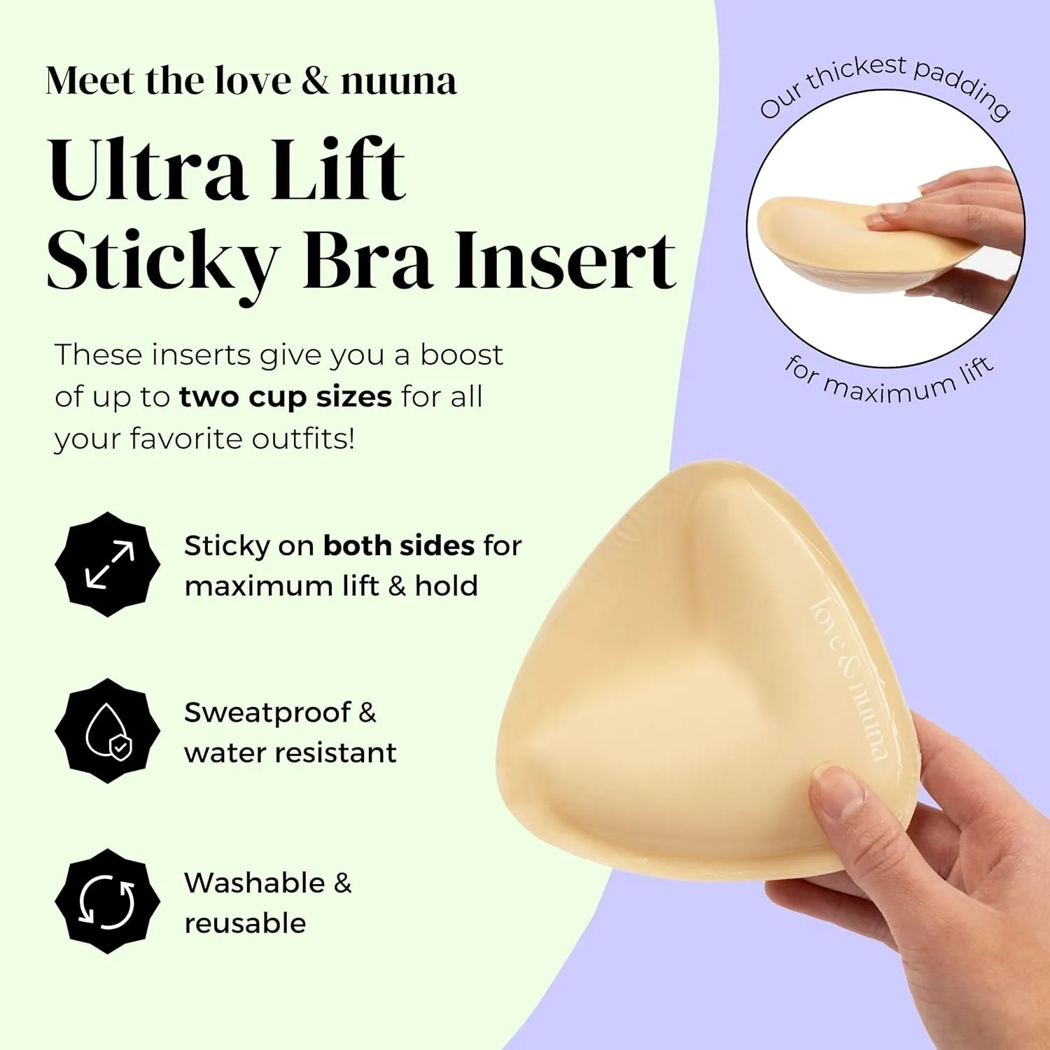 love & nuuna Double Sided Sticky Push Up Bra Inserts - Reusable Adhesive Bra with Padding - Sticky Bra for Dresses Bikinis