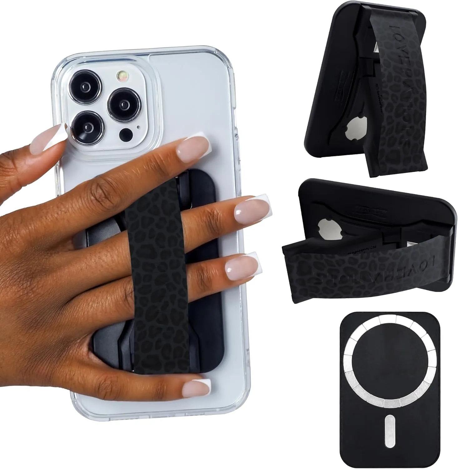 LoveHandle PRO MagSafe Compatible Magnetic Phone Grip w/Kickstand - Mount, Strap and Stand for Smartphone and Tablet - MagSafe Ring Included - Fits All Devices - Black Leopard