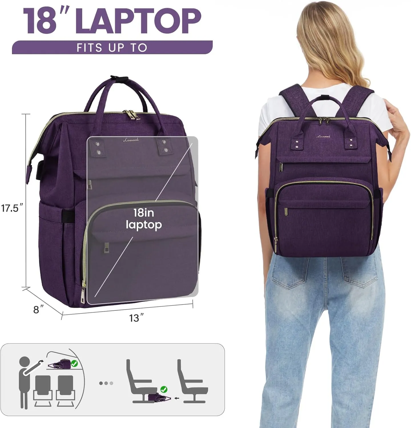 LOVEVOOK Laptop Backpack for Women,18 Inch Professional Womens Travel Backpack Purse Computer Laptop Bag Nurse Teacher Backpack,Waterproof Work Bags Carry on Back Pack with USB Port,Dark Purple