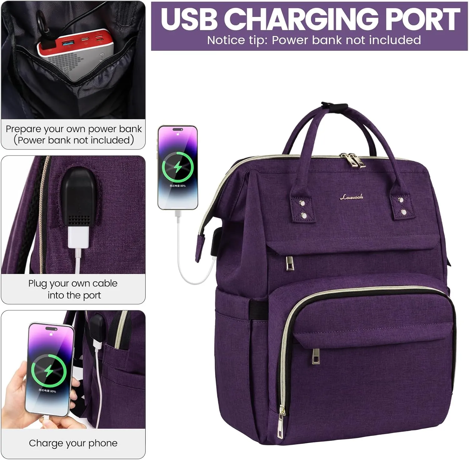 LOVEVOOK Laptop Backpack for Women,18 Inch Professional Womens Travel Backpack Purse Computer Laptop Bag Nurse Teacher Backpack,Waterproof Work Bags Carry on Back Pack with USB Port,Dark Purple