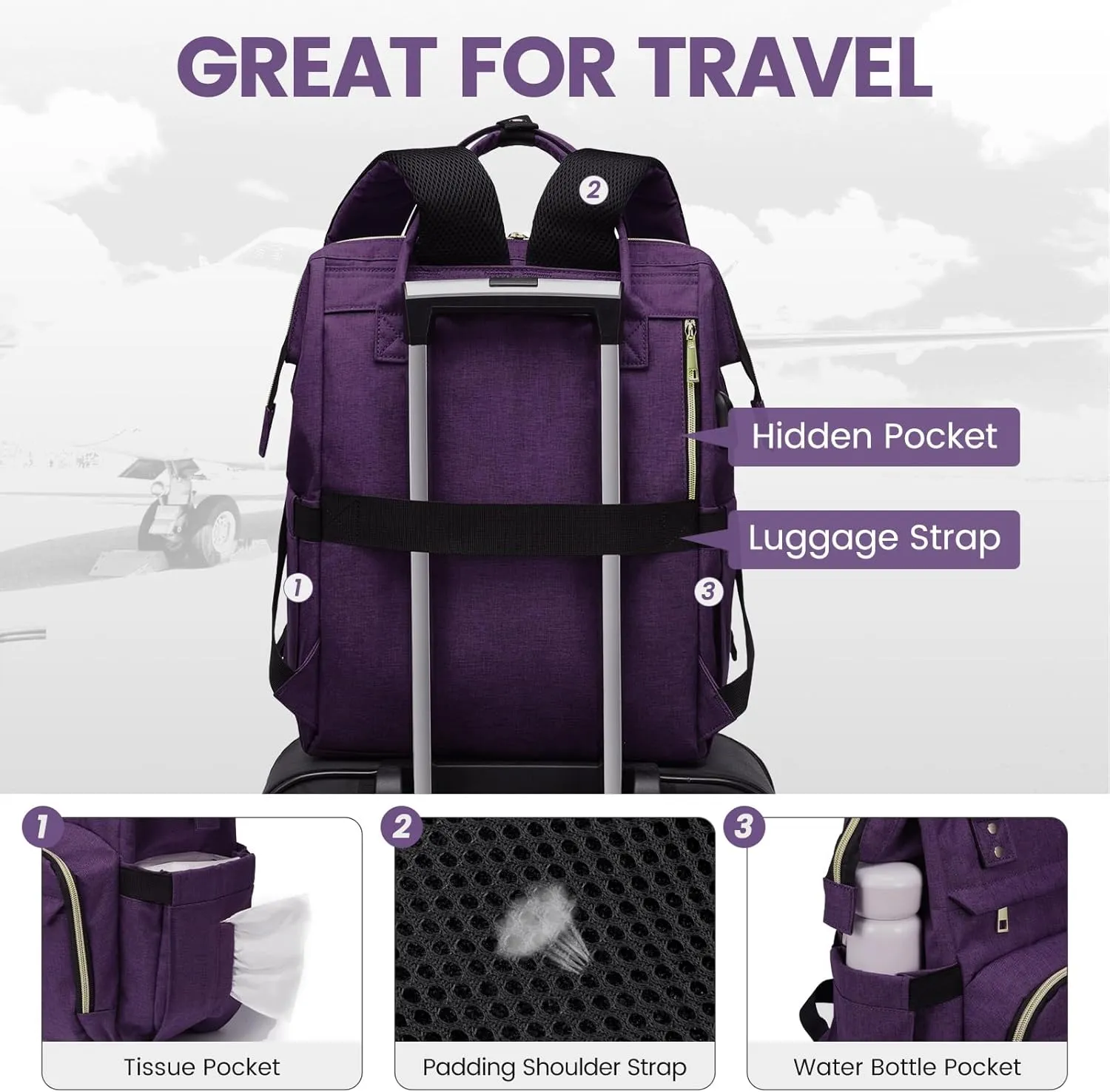 LOVEVOOK Laptop Backpack for Women,18 Inch Professional Womens Travel Backpack Purse Computer Laptop Bag Nurse Teacher Backpack,Waterproof Work Bags Carry on Back Pack with USB Port,Dark Purple