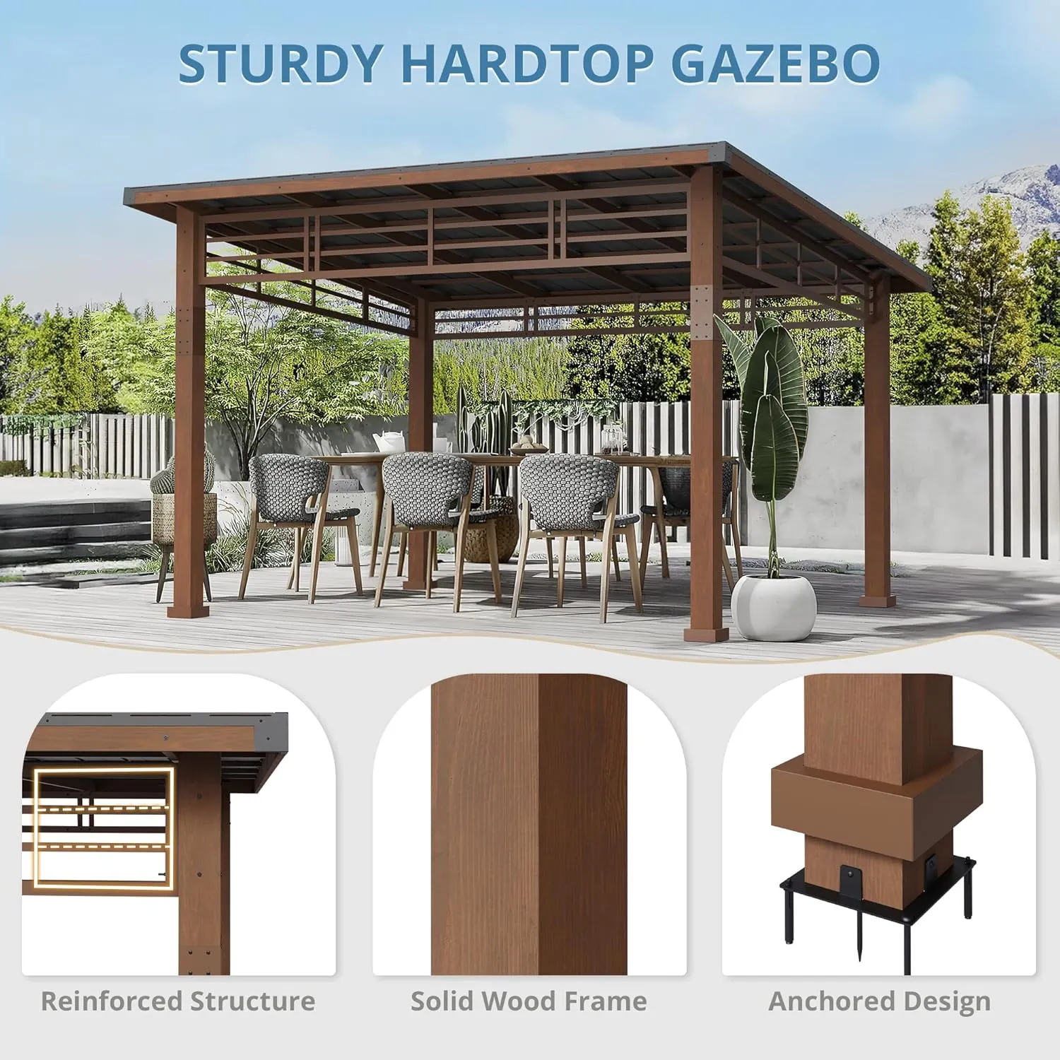 LUE BONA 10x12 Hardtop Gazebo with Wooden Frame and Metal Roof - Outdoor Pergola Canopy with Curtains - Permanent Pavilion for Grill, Deck, Patio, Backyard, Garden