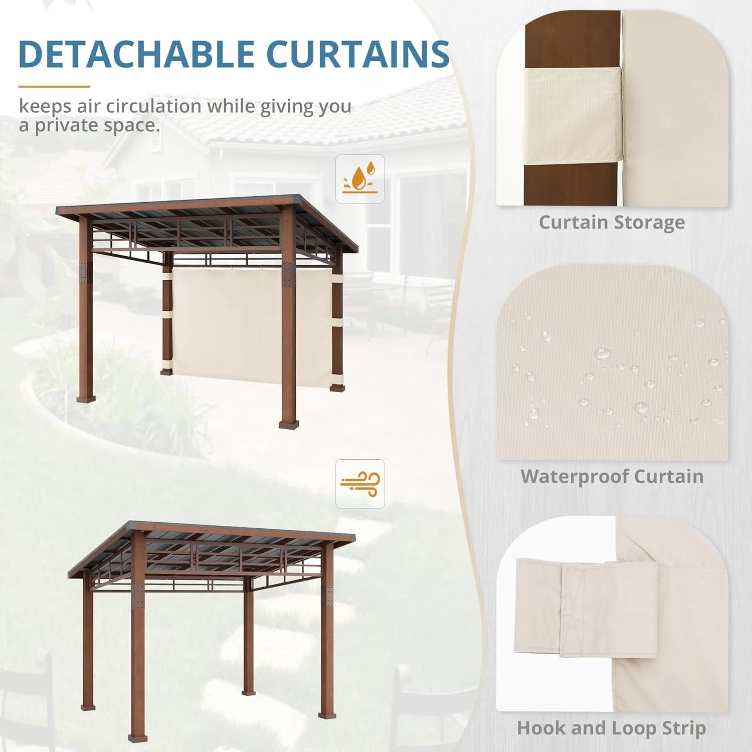 LUE BONA 10x12 Hardtop Gazebo with Wooden Frame and Metal Roof - Outdoor Pergola Canopy with Curtains - Permanent Pavilion for Grill, Deck, Patio, Backyard, Garden