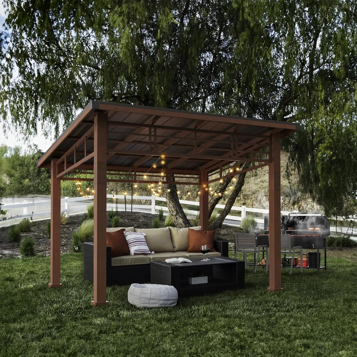 LUE BONA 10x12 Hardtop Gazebo with Wooden Frame and Metal Roof - Outdoor Pergola Canopy with Curtains - Permanent Pavilion for Grill, Deck, Patio, Backyard, Garden