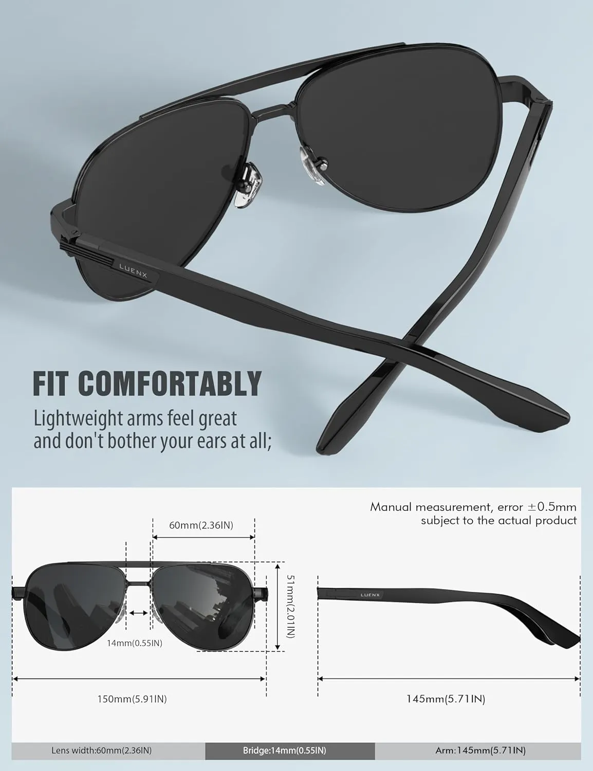 LUENX Aviator Sunglasses for Men Polarized Trendy Shades Driving UV 400 Protection