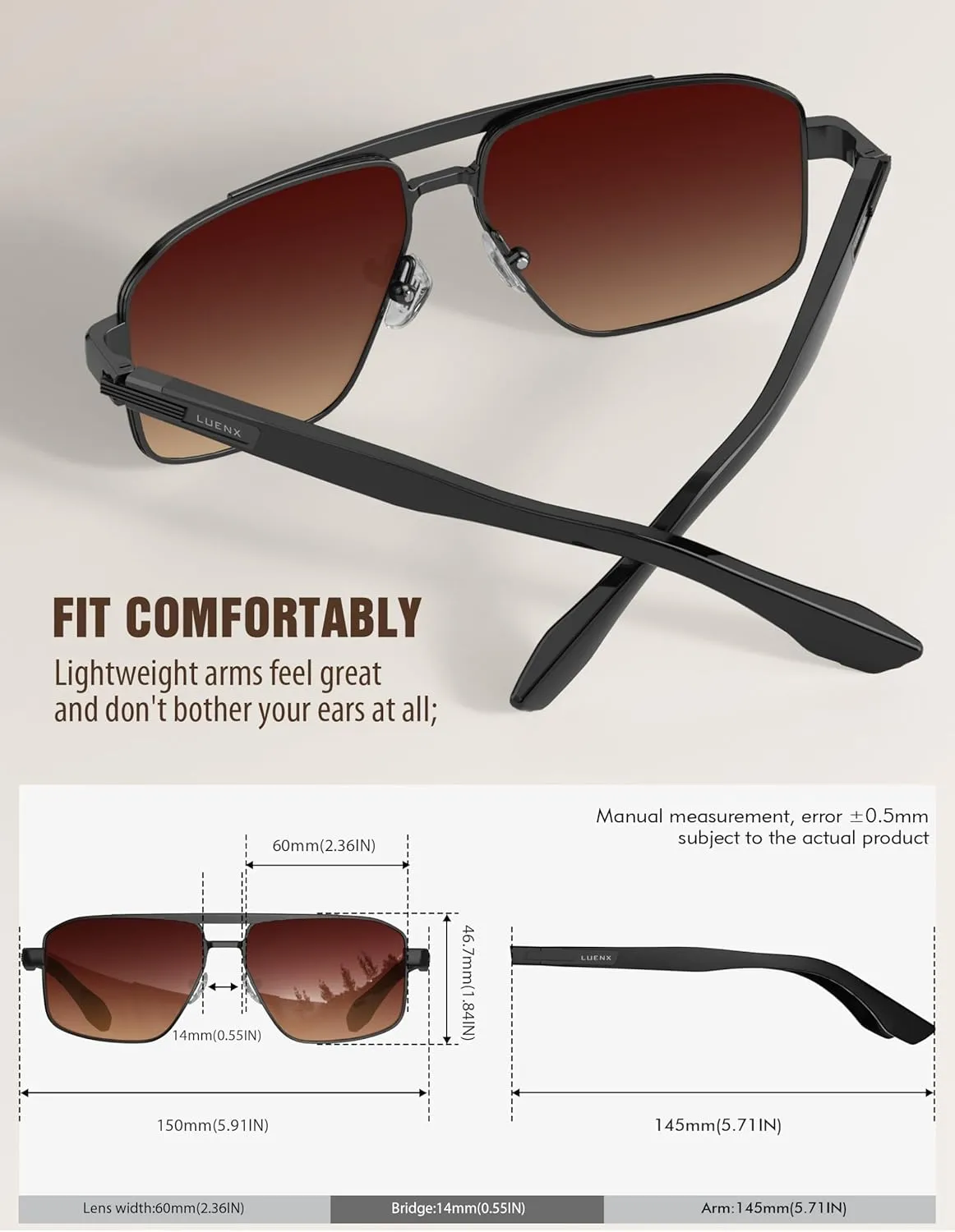 LUENX Aviator Sunglasses for Men Retro Square Polarized Polygon Shades UV 400 Protection