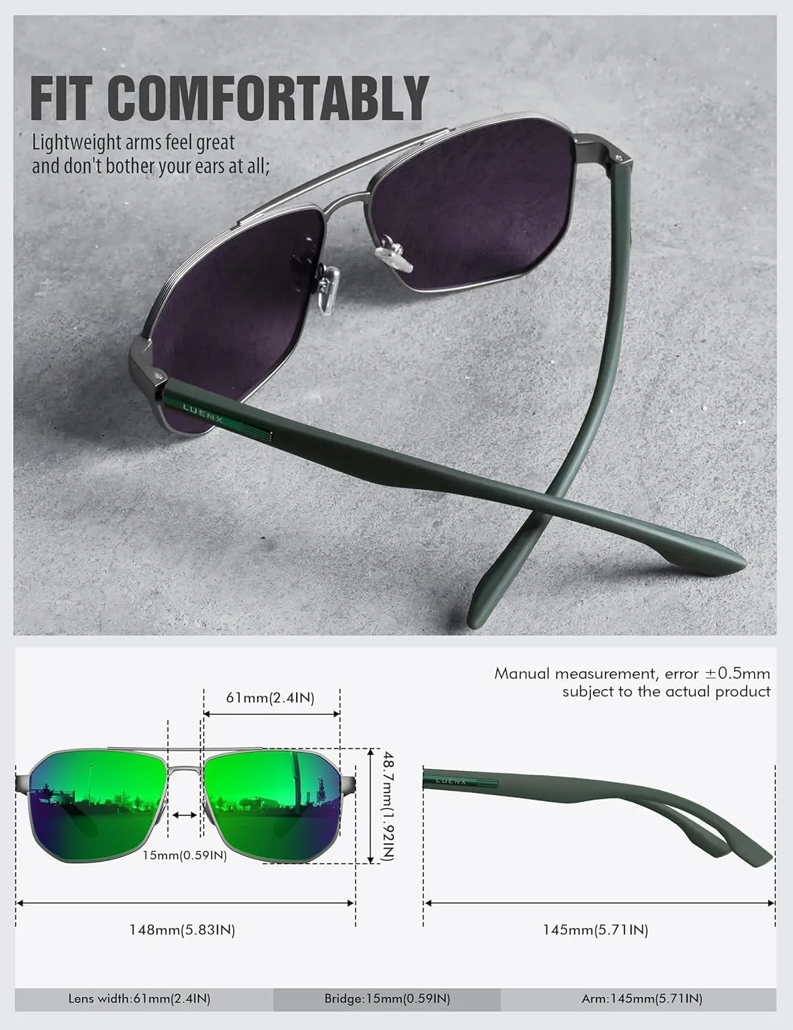 LUENX Aviator Sunglasses for Men Square Polarized Polygon Lens - UV 400 Protection with Accessories 61MM Driving Outdoor