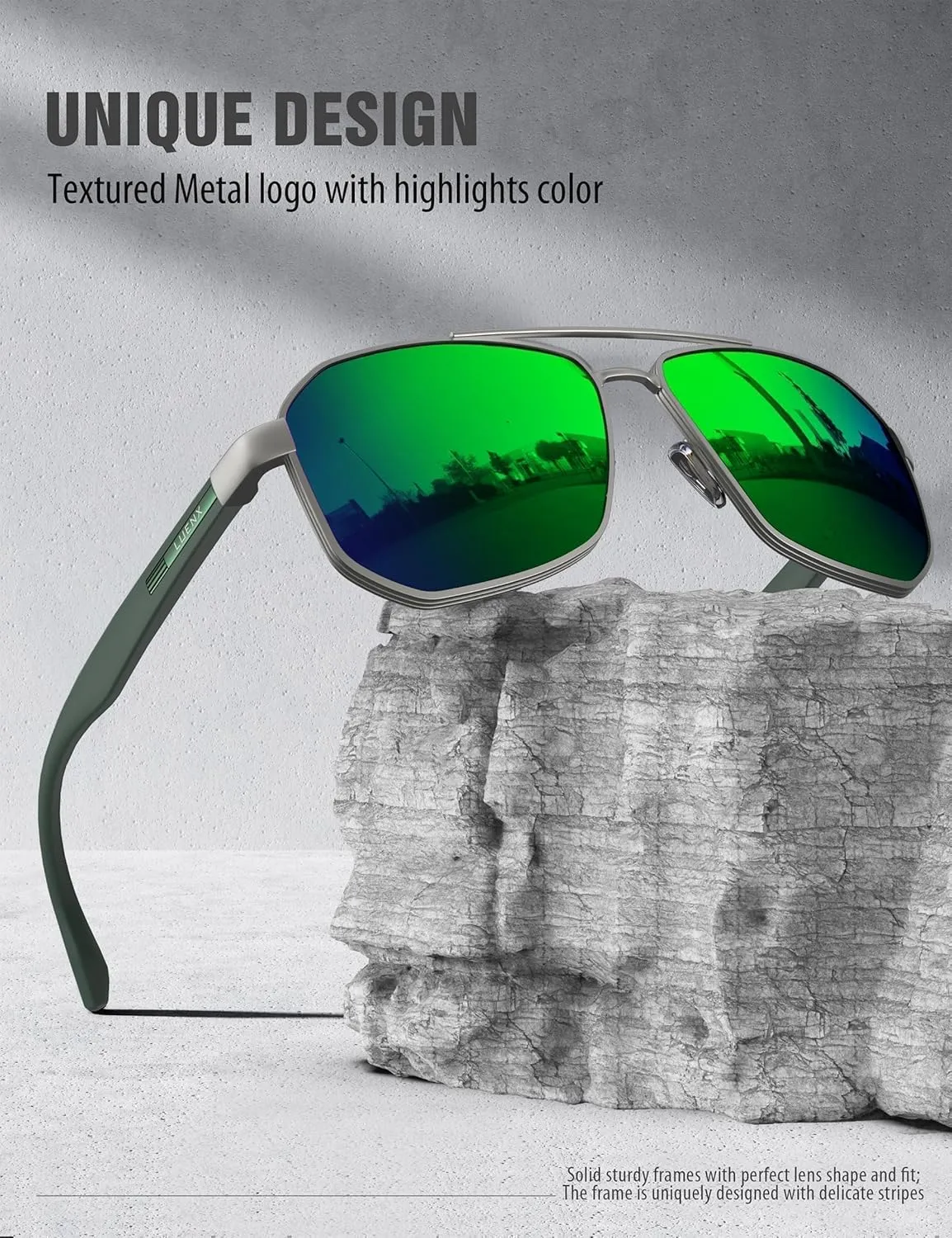LUENX Aviator Sunglasses for Men Square Polarized Polygon Lens - UV 400 Protection with Accessories 61MM Driving Outdoor