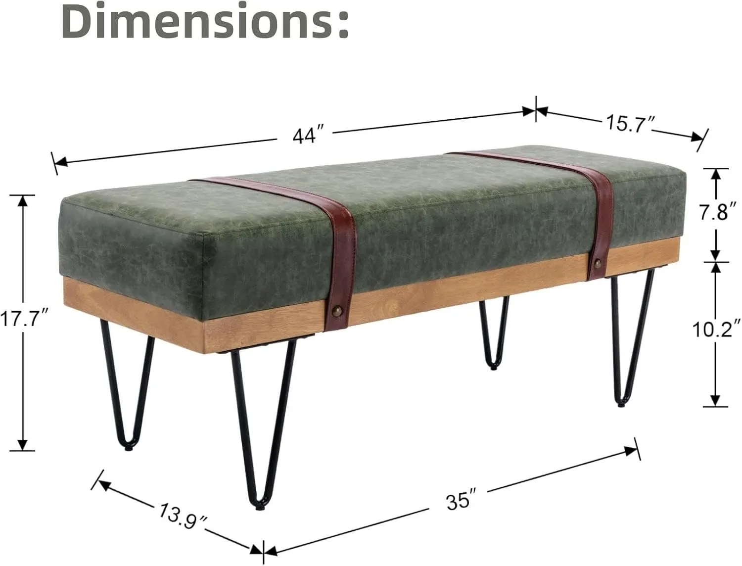 LukeAlon 44" Upholstered Ottoman Bench - Modern PU Leather Entryway Bench with Hairpin Legs, Industrial Style Storage Bench for Bedroom End of Bed, Living Room, Dining Room, Green