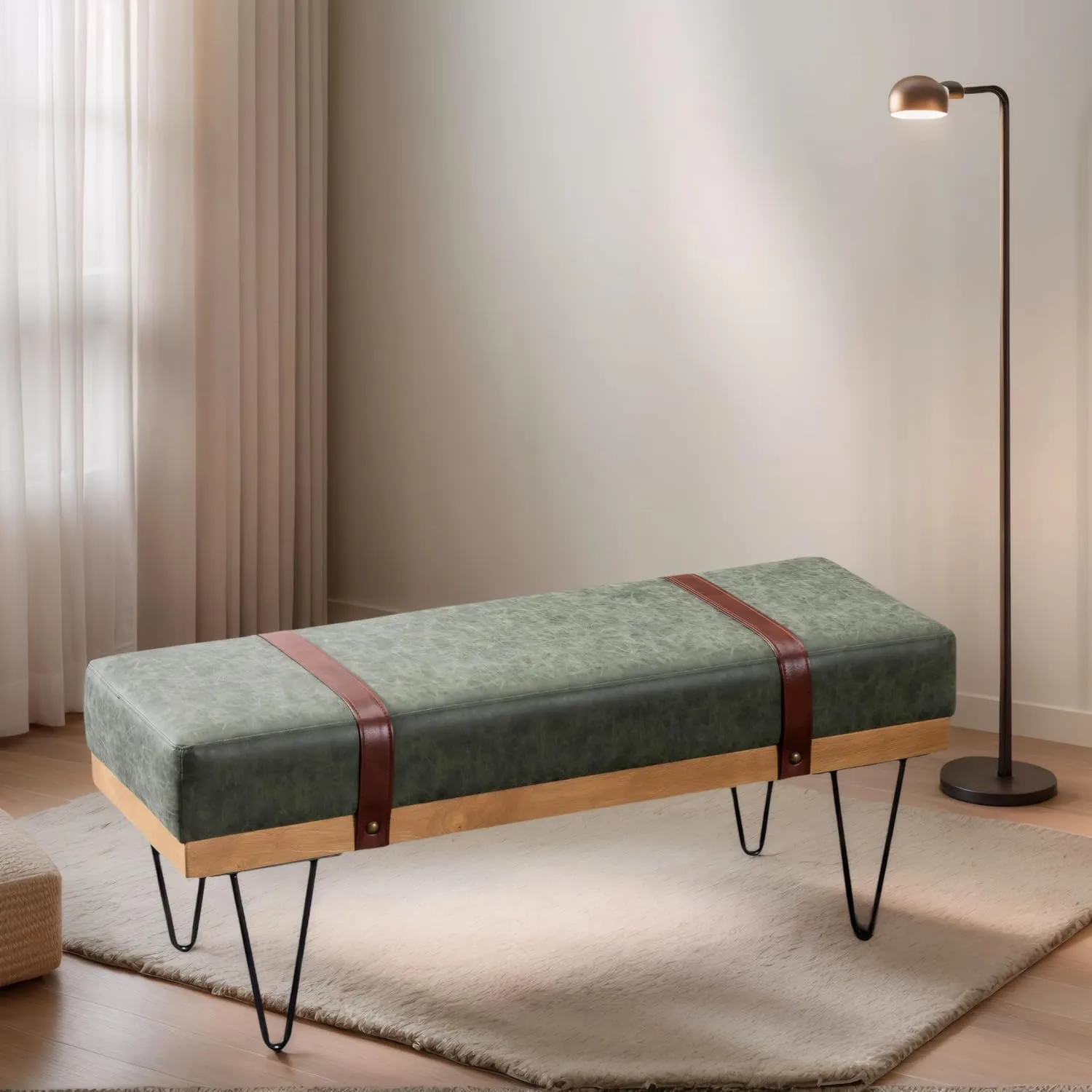 LukeAlon 44" Upholstered Ottoman Bench - Modern PU Leather Entryway Bench with Hairpin Legs, Industrial Style Storage Bench for Bedroom End of Bed, Living Room, Dining Room, Green