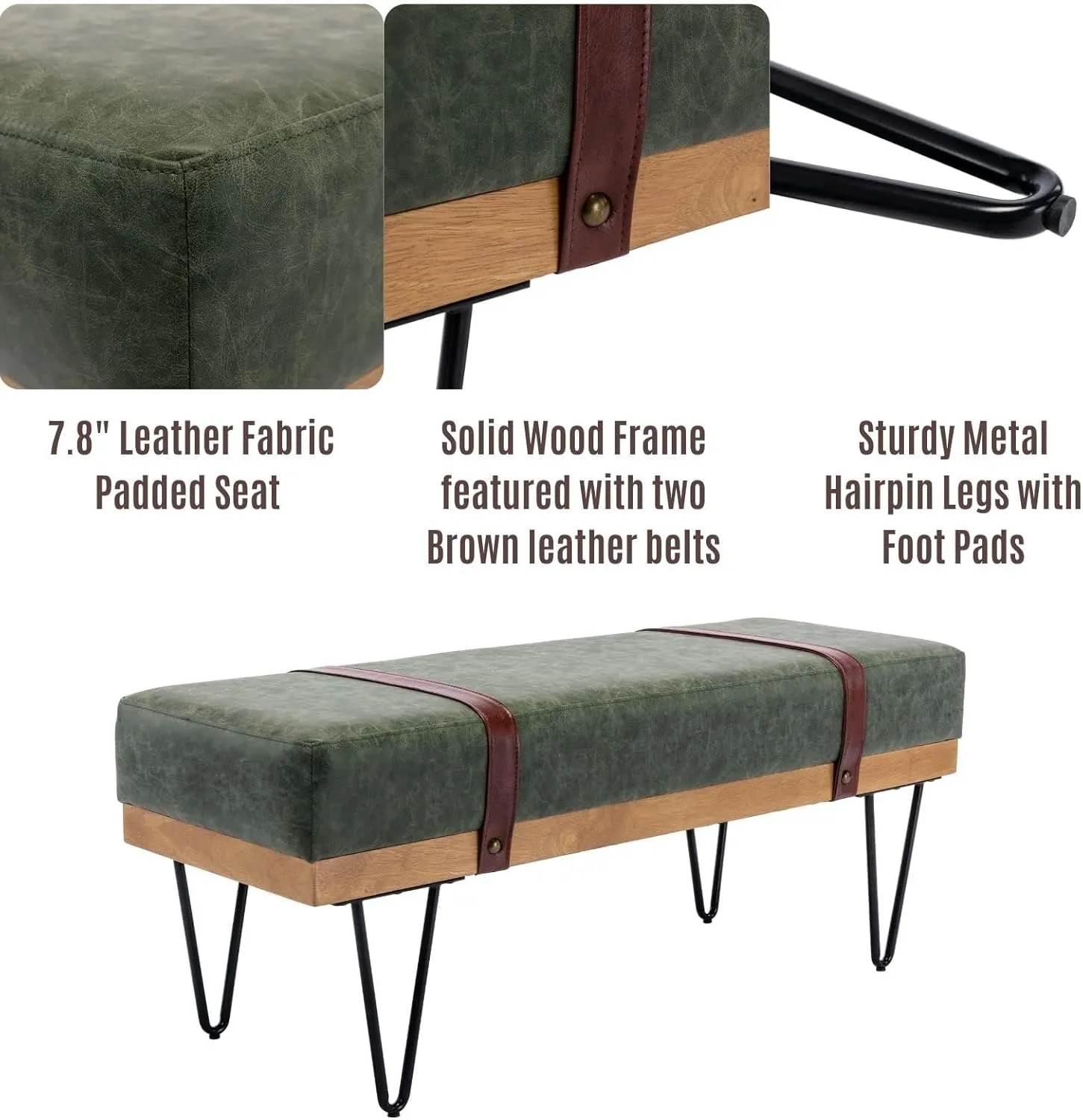 LukeAlon 44" Upholstered Ottoman Bench - Modern PU Leather Entryway Bench with Hairpin Legs, Industrial Style Storage Bench for Bedroom End of Bed, Living Room, Dining Room, Green