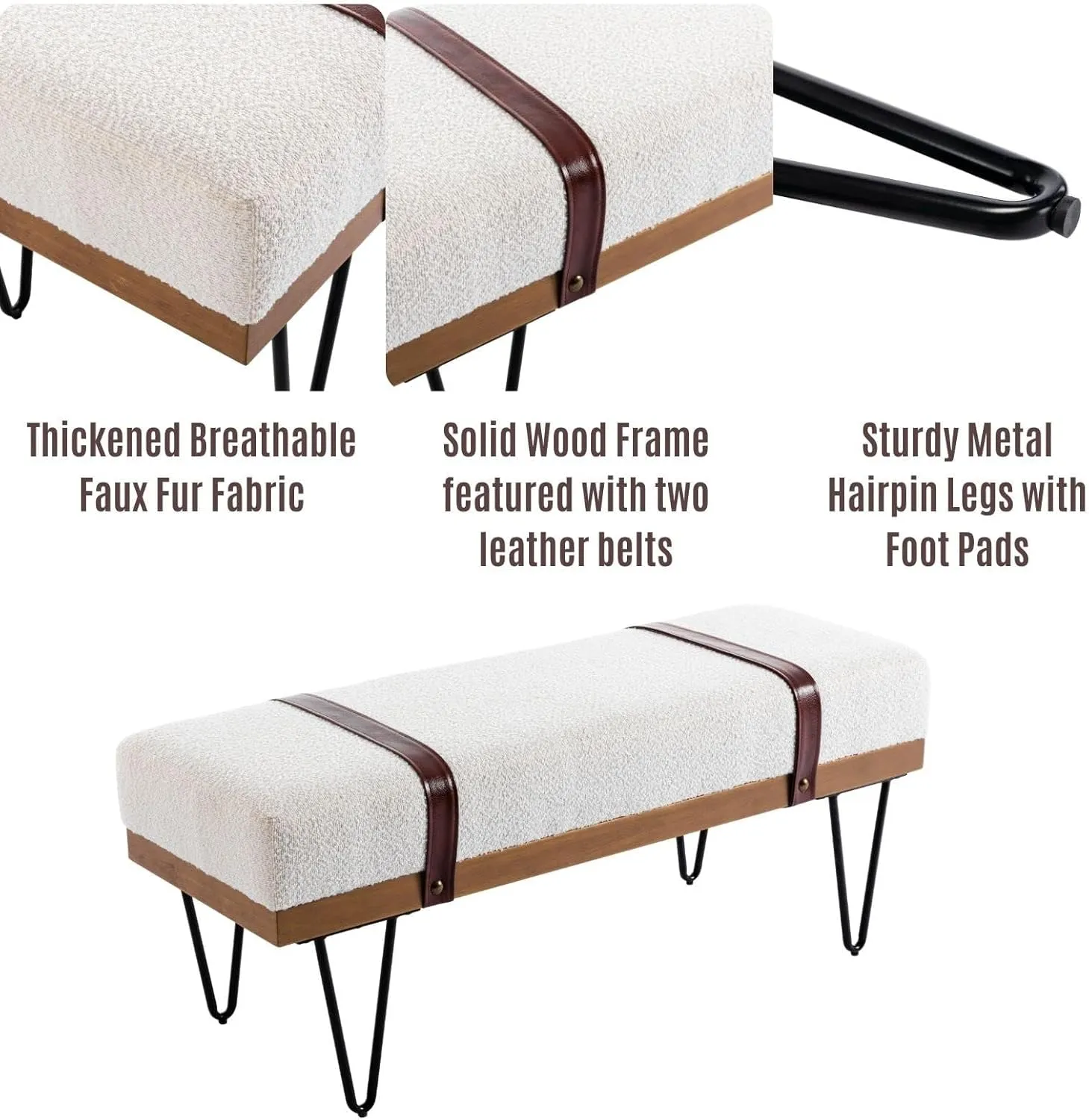 LukeAlon Modern Faux Fur Entryway Bench, Upholstered 44" Ottoman Bench End of Bed with Straps and Black Metal Hairpin Legs Classic Industrial Bench for Dining Room Living Room Bedroom, White