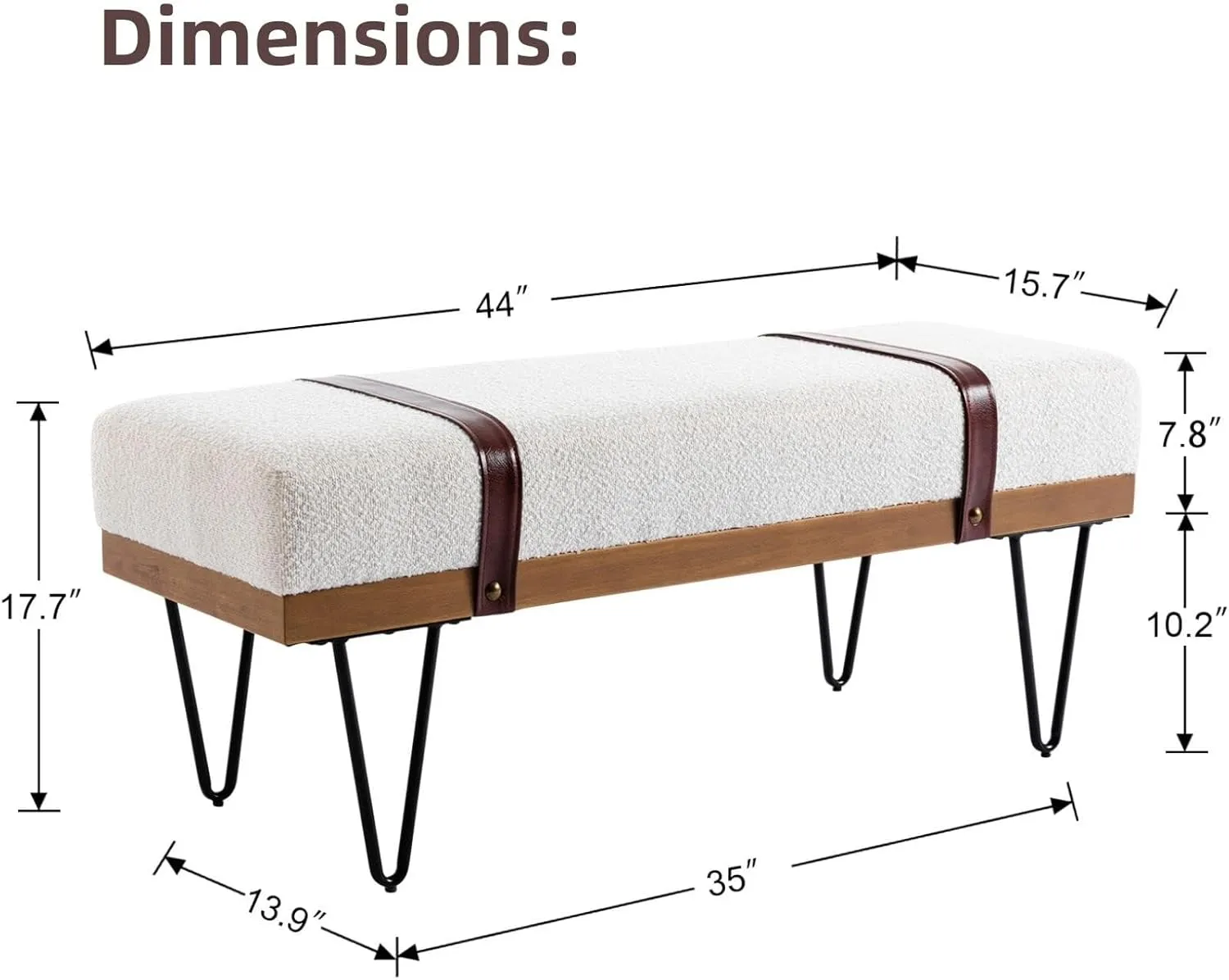 LukeAlon Modern Faux Fur Entryway Bench, Upholstered 44" Ottoman Bench End of Bed with Straps and Black Metal Hairpin Legs Classic Industrial Bench for Dining Room Living Room Bedroom, White
