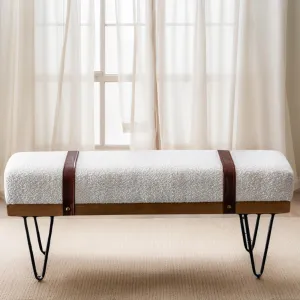 LukeAlon Modern Faux Fur Entryway Bench, Upholstered 44" Ottoman Bench End of Bed with Straps and Black Metal Hairpin Legs Classic Industrial Bench for Dining Room Living Room Bedroom, White