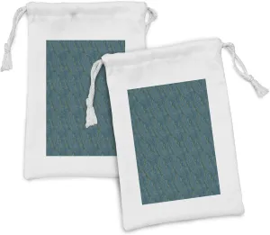 Lunarable Abstract Fabric Pouch Set of 2, Dotted Dash Lines Aboriginal Folk Art Wavy Curved Stripes Pattern, Small Drawstring Bag for Toiletries Masks and Favors, 9" x 6", Dark Teal Blue and Yellow