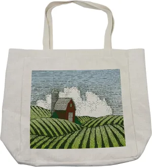 Lunarable Country Shopping Bag, Woodcut Style Illustration of Rural Wooden Shack Scene Drawing Country Life, Eco-Friendly Reusable Bag for Groceries Beach and More, 15.5" X 14.5", Cream