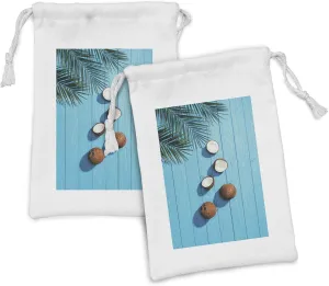 Lunarable Exotic Blue Fabric Pouch Set of 2, Demonstration of Cracked Coconuts and Palm Leaves on a Wooden Table, Small Drawstring Bag for Toiletries Masks and Favors, 9" x 6", Sky Blue Brown Green
