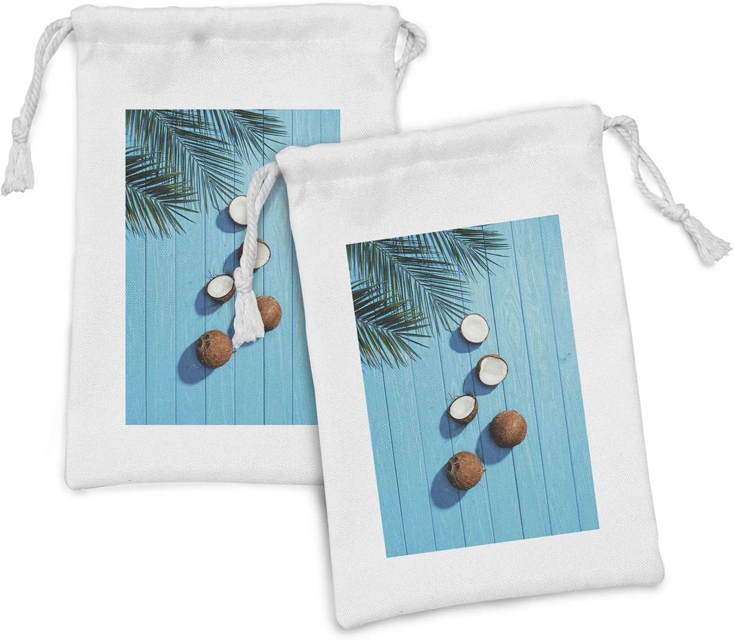 Lunarable Exotic Blue Fabric Pouch Set of 2, Demonstration of Cracked Coconuts and Palm Leaves on a Wooden Table, Small Drawstring Bag for Toiletries Masks and Favors, 9" x 6", Sky Blue Brown Green