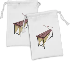 Lunarable Marimba Fabric Pouch Set of 2, Illustration of a Percussion Instrument with Wooden Bars Beaters, Small Drawstring Bag for Toiletries Masks and Favors, 9" x 6", Dried Rose Sand Brown