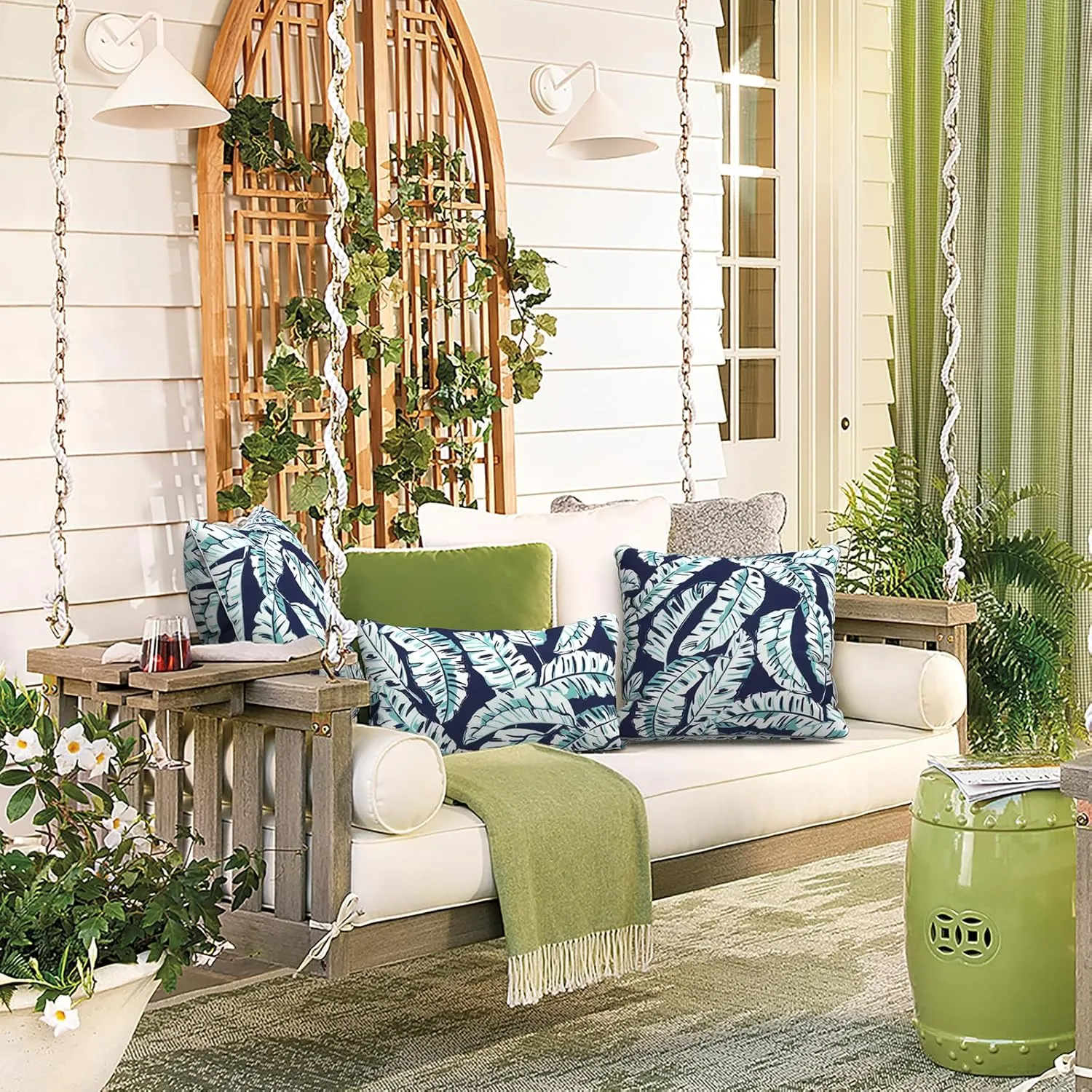 LVTXIII Set of 2 Patio Lumbar Pillows, 12”x20” Fade Resistant Outdoor Lumbar Pillow with Inners, Fluffy Decorative Garden Lumbar Cushions for Home Patio Coach Sofa Use, Baltic Palms White