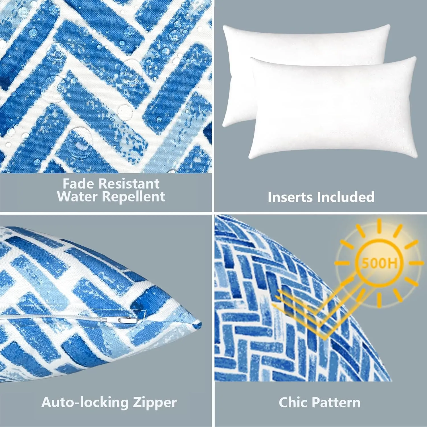 LVTXIII Set of 2 Patio Lumbar Pillows, 12”x20” Fade Resistant Outdoor Lumbar Pillow with Inners, Fluffy Decorative Garden Lumbar Cushions for Home Patio Coach Sofa Use, Blue Brick