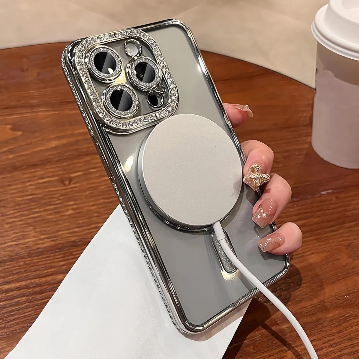 LXK Magnetic Case for iPhone 16 Pro Max 6.9" [Compatible with MagSafe] Military-Grade Protection, Clear Cute Glitter Bling Cover Diamond Camera Protection Case for 16 ProMax Women Girls Silver