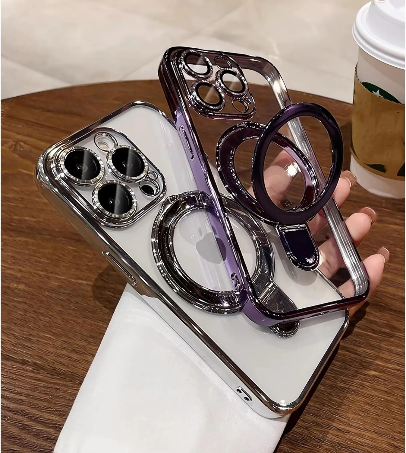 LXK Magnetic Invisible Stand for iPhone 15 Pro Max Case Compatible with MagSafe, Military-Grade Protection, with Camera Protector, Clear Scratch-Resistant Back Case for iPhone 15 ProMax (Silver)