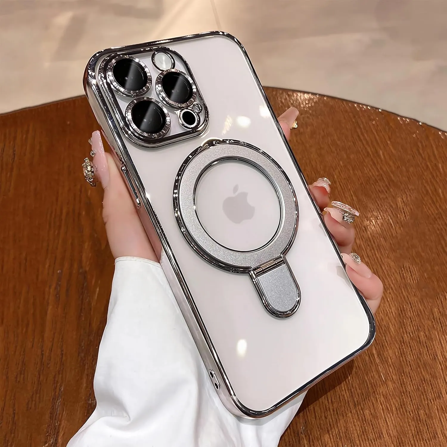 LXK Magnetic Invisible Stand for iPhone 15 Pro Max Case Compatible with MagSafe, Military-Grade Protection, with Camera Protector, Clear Scratch-Resistant Back Case for iPhone 15 ProMax (Silver)