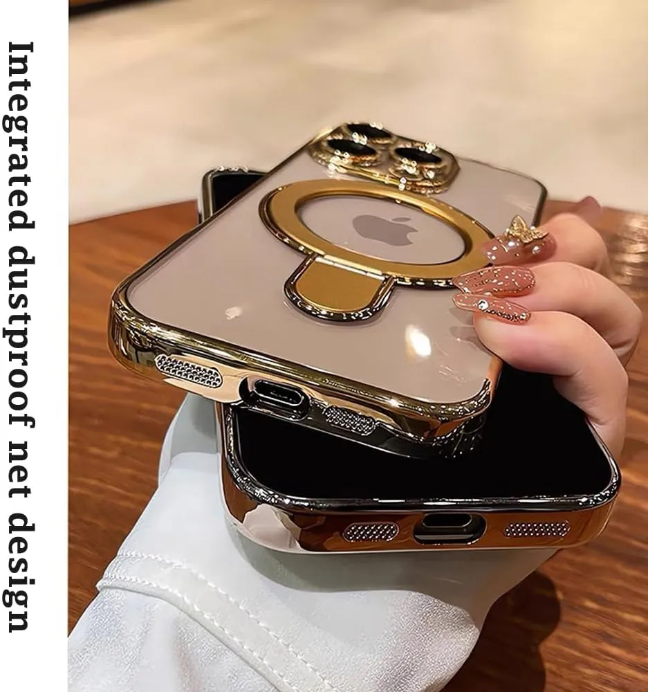 Magnetic Case for iPhone 16 Pro Max Case Invisible Stand [Military Drop Protection][Compatible with MagSafe] Full Camera Protection Soft TPU for iPhone 16 ProMax 6.9 Inches-Gold