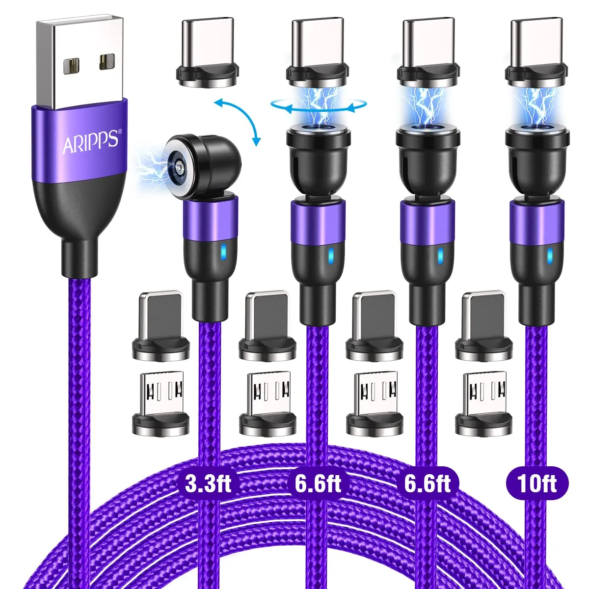 Magnetic Charging Cable 4 Pack (3.3ft/6.6ft/6.6ft/10ft), 540 Degree Rotating Magnet Phone Charger Cable, 3 in 1 Nylon Magnetic USB Cable for Micro,Type C and iProduct Device