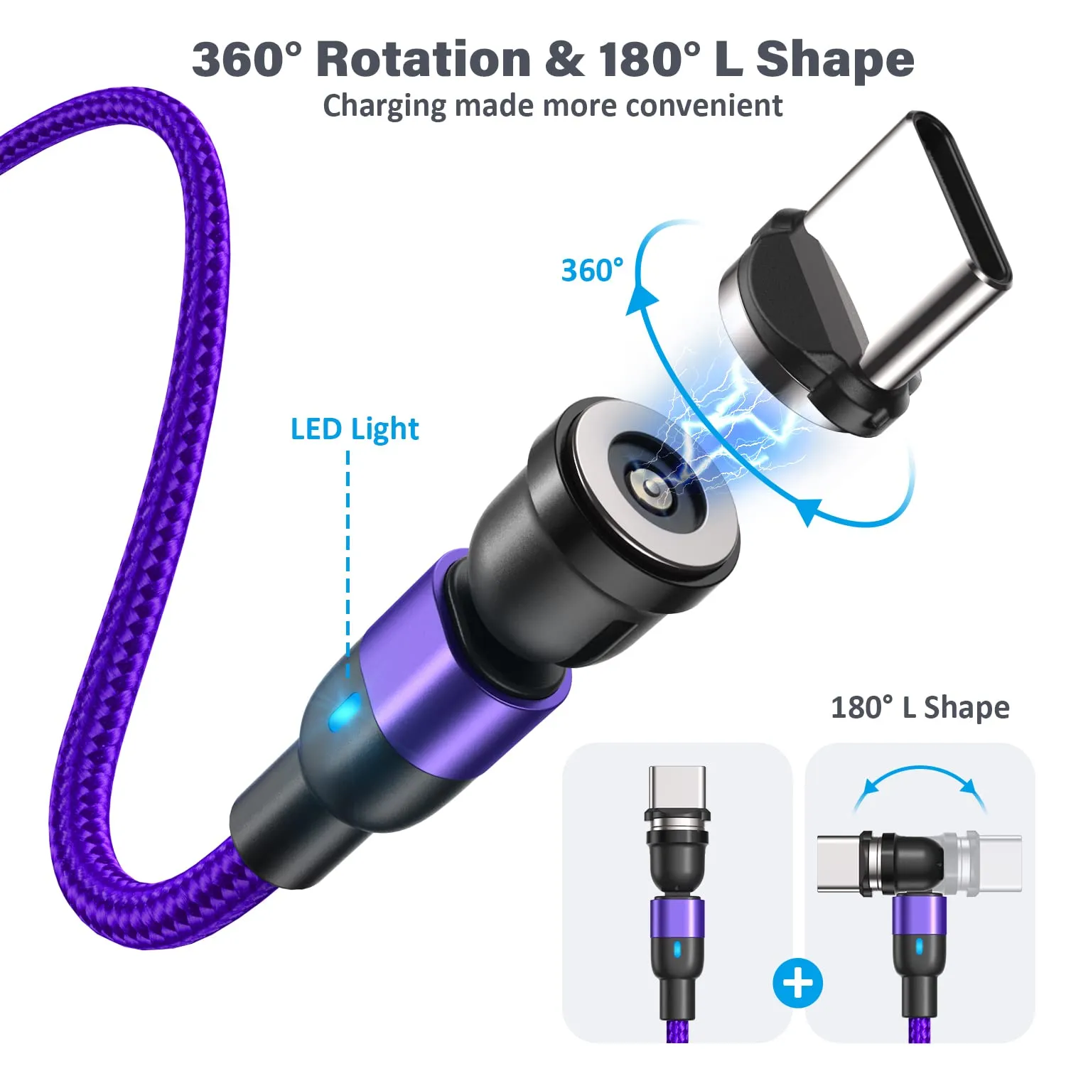 Magnetic Charging Cable 4 Pack (3.3ft/6.6ft/6.6ft/10ft), 540 Degree Rotating Magnet Phone Charger Cable, 3 in 1 Nylon Magnetic USB Cable for Micro,Type C and iProduct Device
