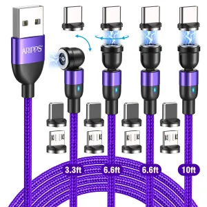 Magnetic Charging Cable 4 Pack (3.3ft/6.6ft/6.6ft/10ft), 540 Degree Rotating Magnet Phone Charger Cable, 3 in 1 Nylon Magnetic USB Cable for Micro,Type C and iProduct Device