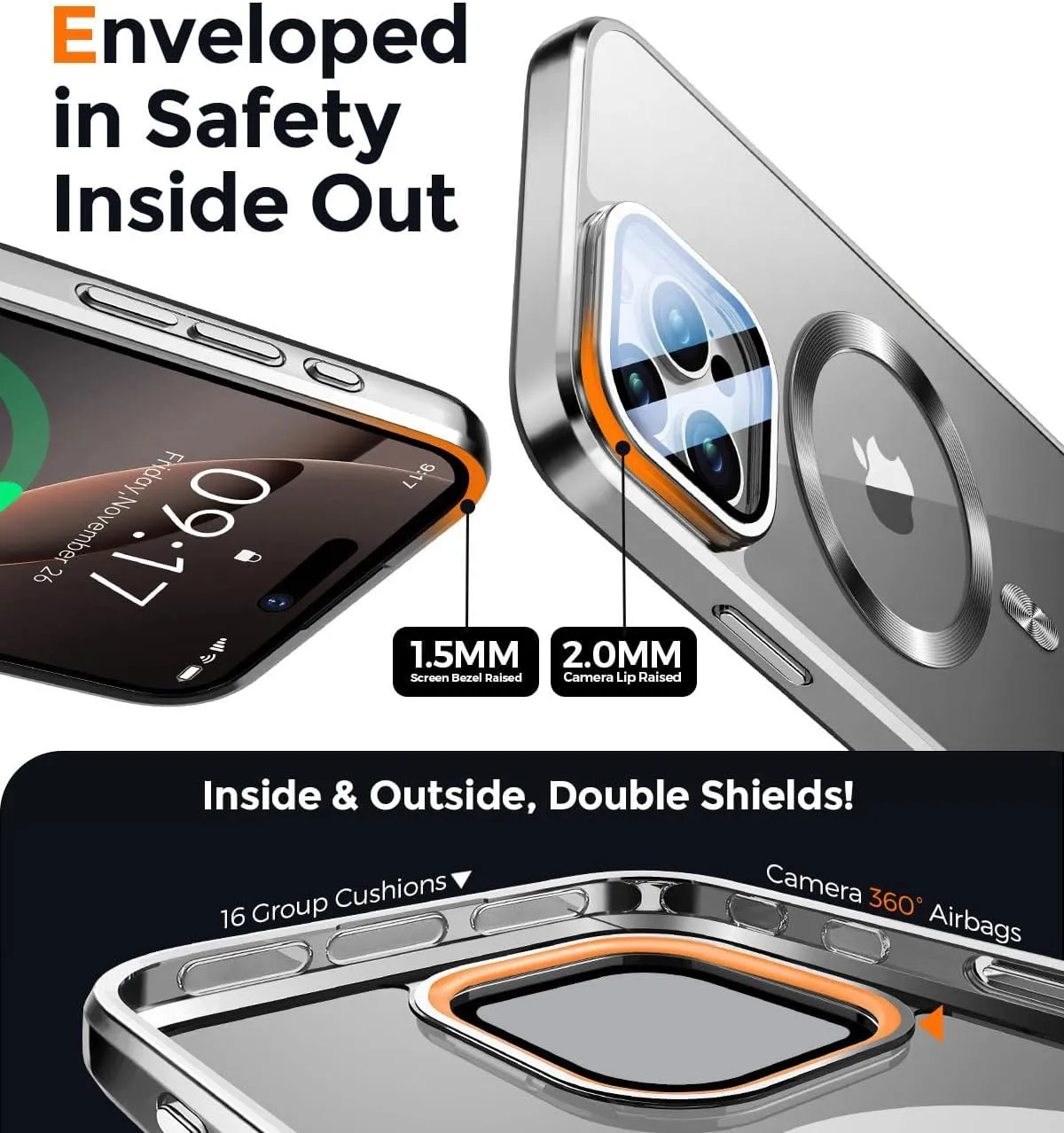 Magnetic for iPhone 16 Pro Max Case with Camera Cover Stand[Built-in 9H Lens Protection Glass Cover]Compatible with Magsafe]Military-Grade Protection Electroplated Bumper,CD Ring,Slim Phone Case-Grey