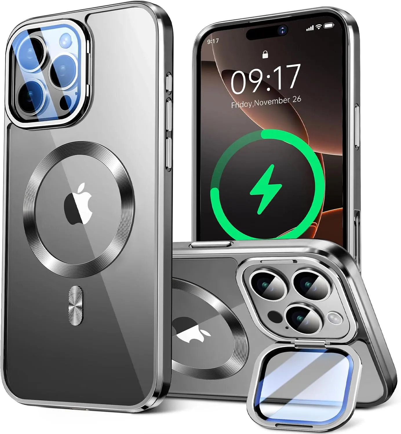 Magnetic for iPhone 16 Pro Max Case with Camera Cover Stand[Built-in 9H Lens Protection Glass Cover]Compatible with Magsafe]Military-Grade Protection Electroplated Bumper,CD Ring,Slim Phone Case-Grey