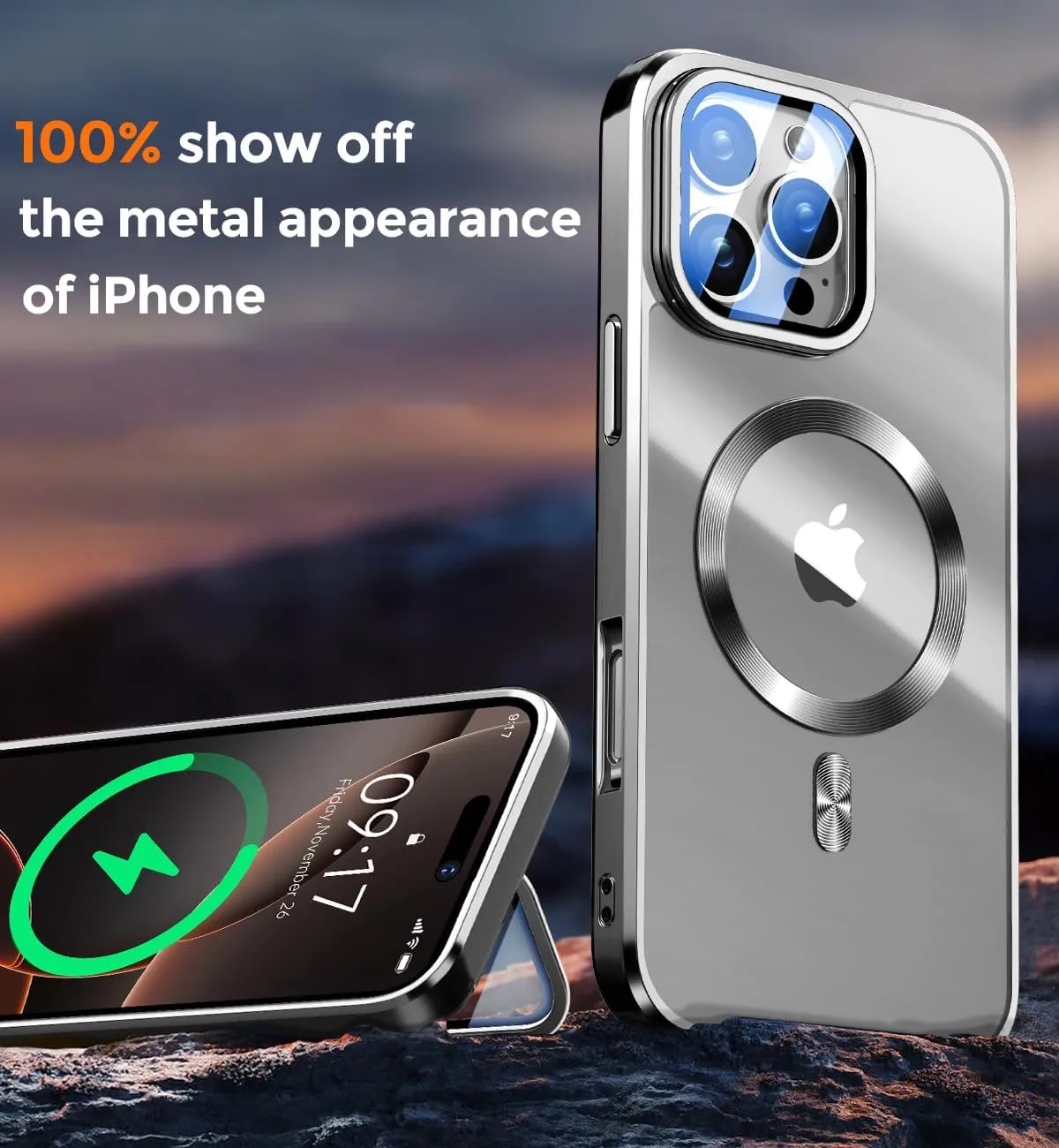Magnetic for iPhone 16 Pro Max Case with Camera Cover Stand[Built-in 9H Lens Protection Glass Cover]Compatible with Magsafe]Military-Grade Protection Electroplated Bumper,CD Ring,Slim Phone Case-Grey