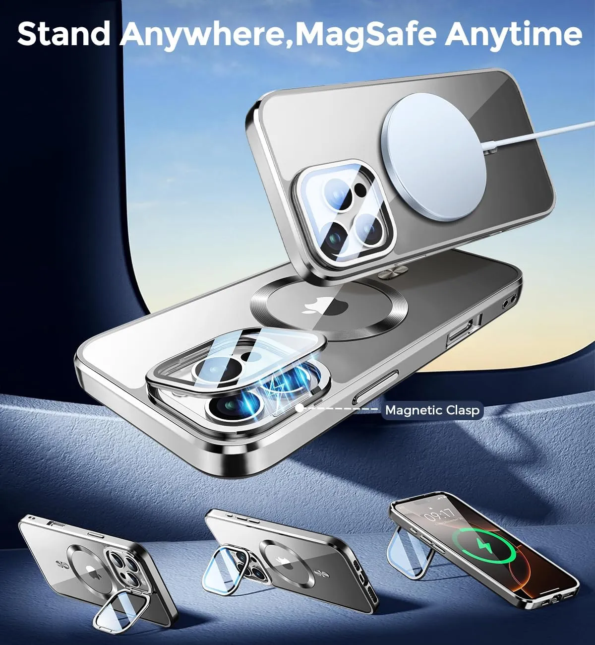 Magnetic for iPhone 16 Pro Max Case with Camera Cover Stand[Built-in 9H Lens Protection Glass Cover]Compatible with Magsafe]Military-Grade Protection Electroplated Bumper,CD Ring,Slim Phone Case-Grey