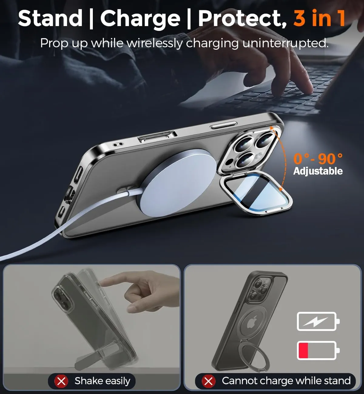 Magnetic for iPhone 16 Pro Max Case with Camera Cover Stand[Built-in 9H Lens Protection Glass Cover]Compatible with Magsafe]Military-Grade Protection Electroplated Bumper,CD Ring,Slim Phone Case-Grey