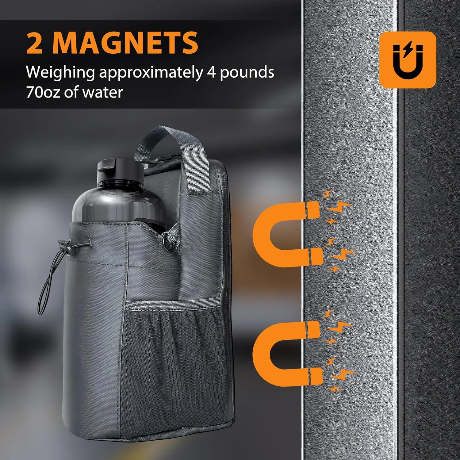 Magnetic Gym Bag for Water Bottle Holder, Pouch Sleeve with Phone Pocket Silicone Towel Buckle and Sling for Men Women Gym Accessories Organizer,Gym Gifts（Grey）