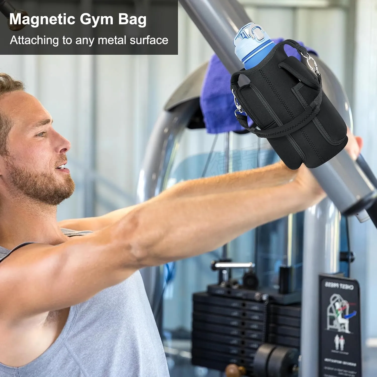 Magnetic Gym Bag with 27 oz Gym Bottle, Water Bottle Holder Pouch Carrier Bag with Adjustable Strap, Side Pockets, for Outdoor Workout