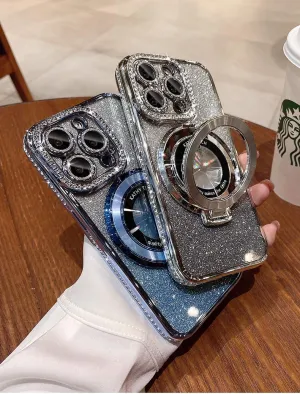 Magnetic Kickstand (Glitter Lens Protector ) Case for iPhone 15 14 13 12 Pro Max (Compatible with Magsafe ) Sparkling Diamond Cover Glitter Shiny Rhinestone Cases (Black,for iPhone 15 Pro)