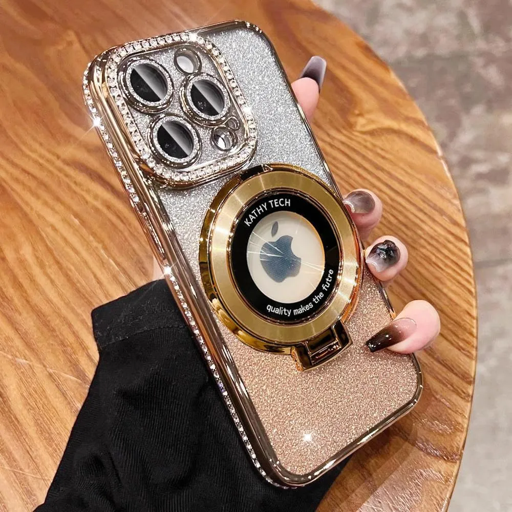 Magnetic Kickstand (Glitter Lens Protector ) Case for iPhone 15 14 13 12 Pro Max (Compatible with Magsafe ) Sparkling Diamond Cover Glitter Shiny Rhinestone Cases (Gold,for iPhone 15 Pro)