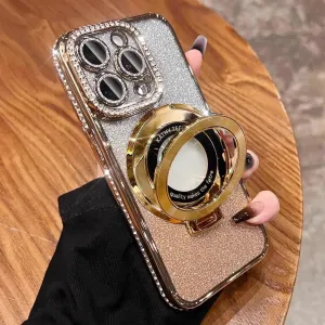 Magnetic Kickstand (Glitter Lens Protector ) Case for iPhone 15 14 13 12 Pro Max (Compatible with Magsafe ) Sparkling Diamond Cover Glitter Shiny Rhinestone Cases (Gold,for iPhone 15 Pro)