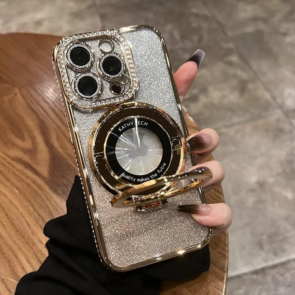 Magnetic Kickstand (Glitter Lens Protector ) Case for iPhone 15 14 13 12 Pro Max (Compatible with Magsafe ) Sparkling Diamond Cover Glitter Shiny Rhinestone Cases (Gold,for iPhone 15 Pro)