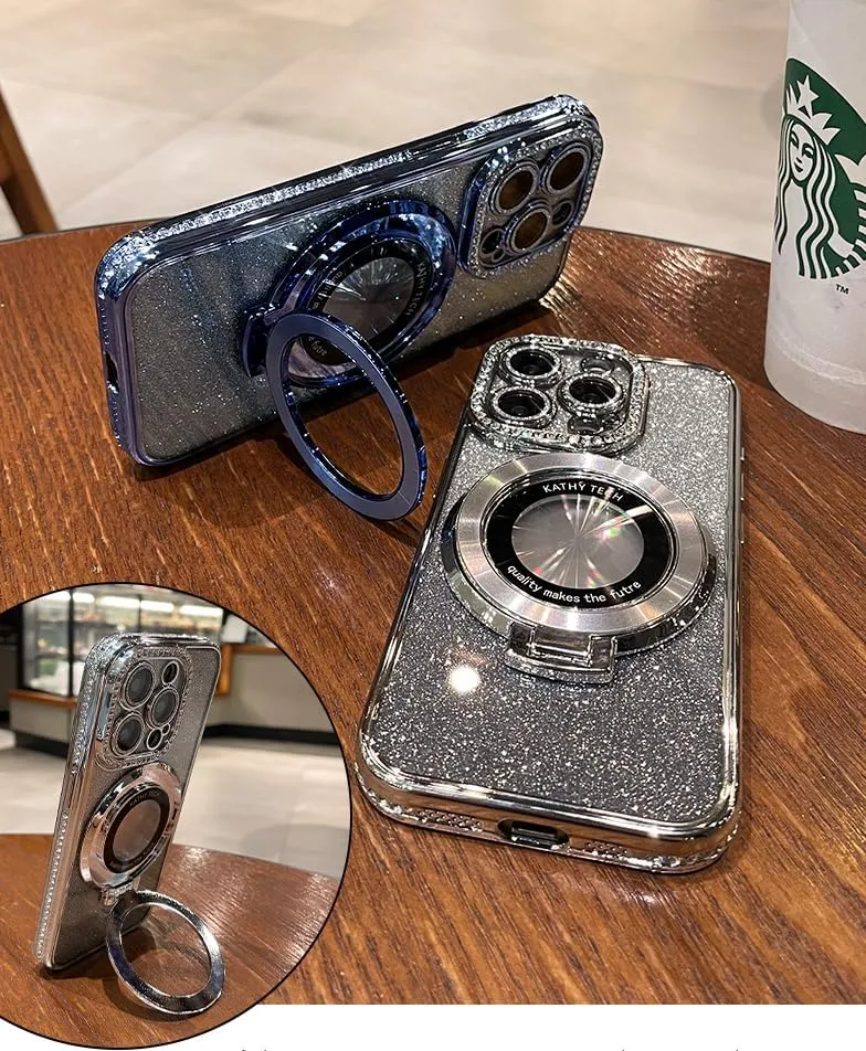 Magnetic Kickstand (Glitter Lens Protector ) Case for IPhone 15 Pro Max (Compatible with Magsafe ) ( Bling Diamond ) Cover Sparkly Shiny Rhinestone Glitter Cases (Black,for iPhone 15 Pro)