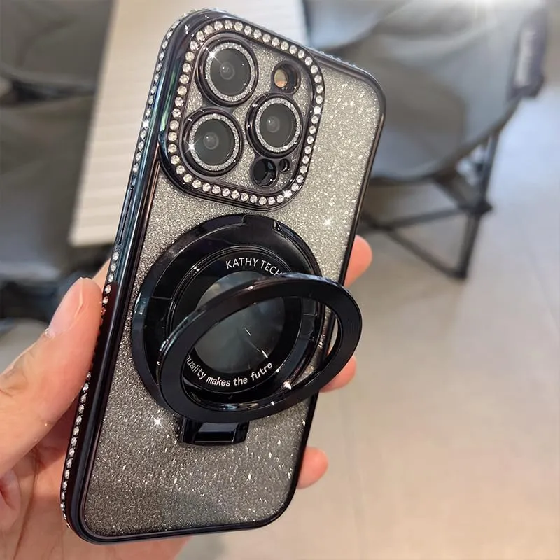 Magnetic Kickstand (Glitter Lens Protector ) Case for IPhone 15 Pro Max (Compatible with Magsafe ) ( Bling Diamond ) Cover Sparkly Shiny Rhinestone Glitter Cases (Black,for iPhone 15 Pro)