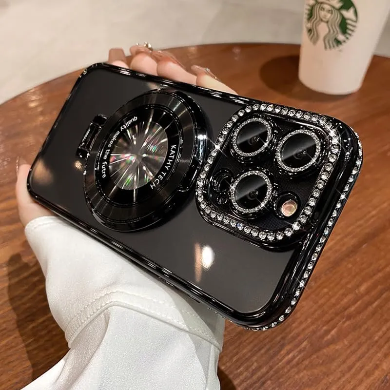 Magnetic Kickstand (Glitter Lens Protector ) Case for IPhone 15 Pro Max (Compatible with Magsafe ) ( Bling Diamond ) Cover Sparkly Shiny Rhinestone Glitter Cases (Black,for iPhone 15 Pro)