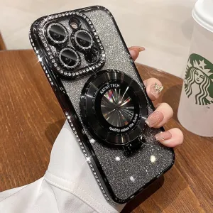 Magnetic Kickstand (Glitter Lens Protector ) Case for IPhone 15 Pro Max (Compatible with Magsafe ) ( Bling Diamond ) Cover Sparkly Shiny Rhinestone Glitter Cases (Black,for iPhone 15 Pro)